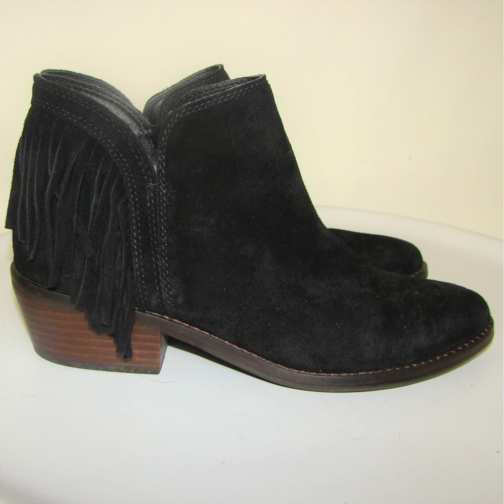 Lucky Brand Womens BLACK Suede Ankle BOOTS Booties WITH TASSLES Size 7.5M   D142